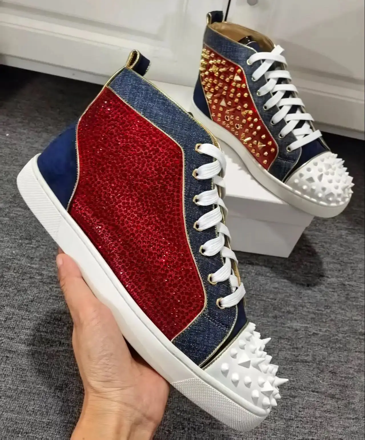 Men Shoes Red Bottom - Red Rhinestones Gold Metal Rivets Men's